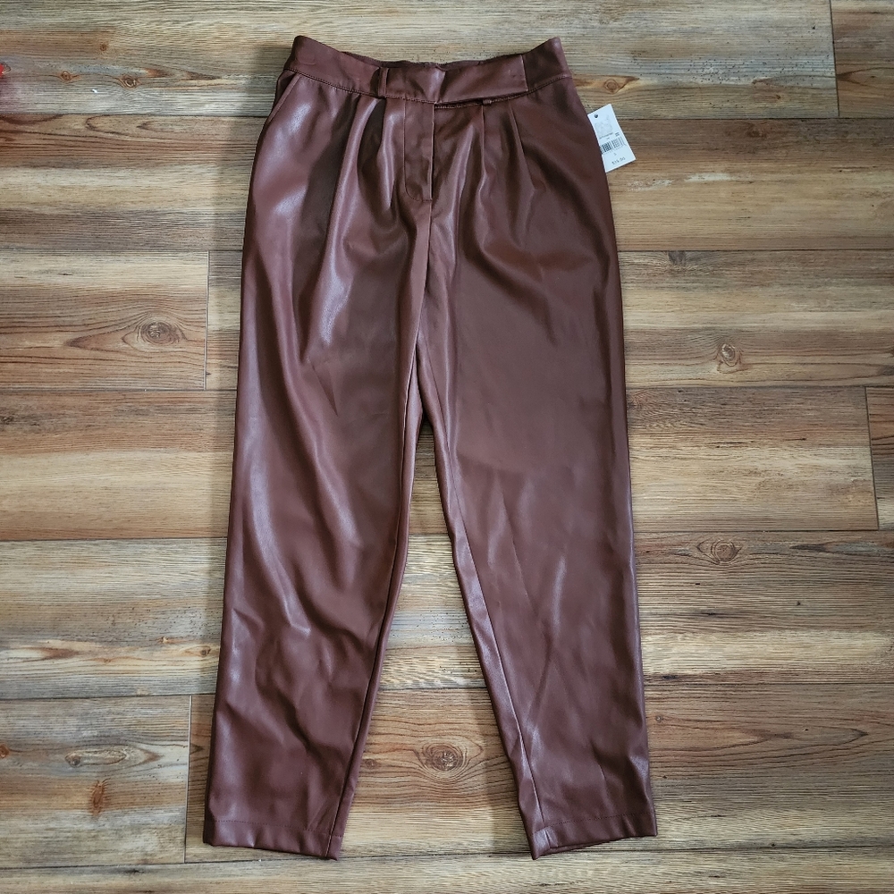 Ophelia Roe Faux Leather Pants Women's 6 Brown High-Rise Straight Leg NEW